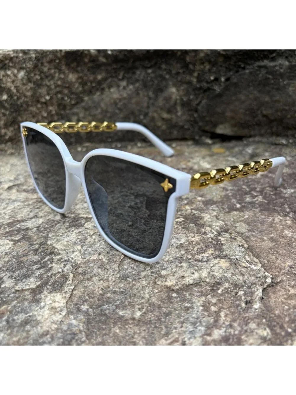 Oversized White Square Chain Link Sunglasses Gold Star Retro Shades Festival Y2K